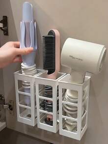 壁挂式美发工具收纳盒，无需钻孔，可收纳卷发棒、直发器，浴室收纳神器 - 白色 - 查看 2