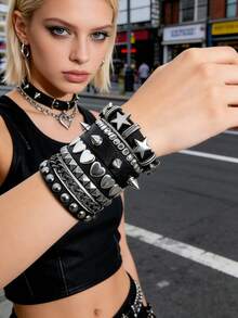 Xiacheng 1/5 件装朋克手链，摇滚风 emo 手链，嘻哈铆钉手链，哥特手链，朋克铆钉手链，另类摇滚手链，朋克手链，男女通用 - 黑色 - 查看 3