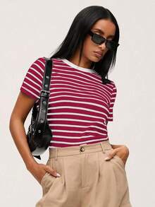 SHEINBASICSS Striped Print T-Shirt/Summer - 酒紅色 - 查看 1