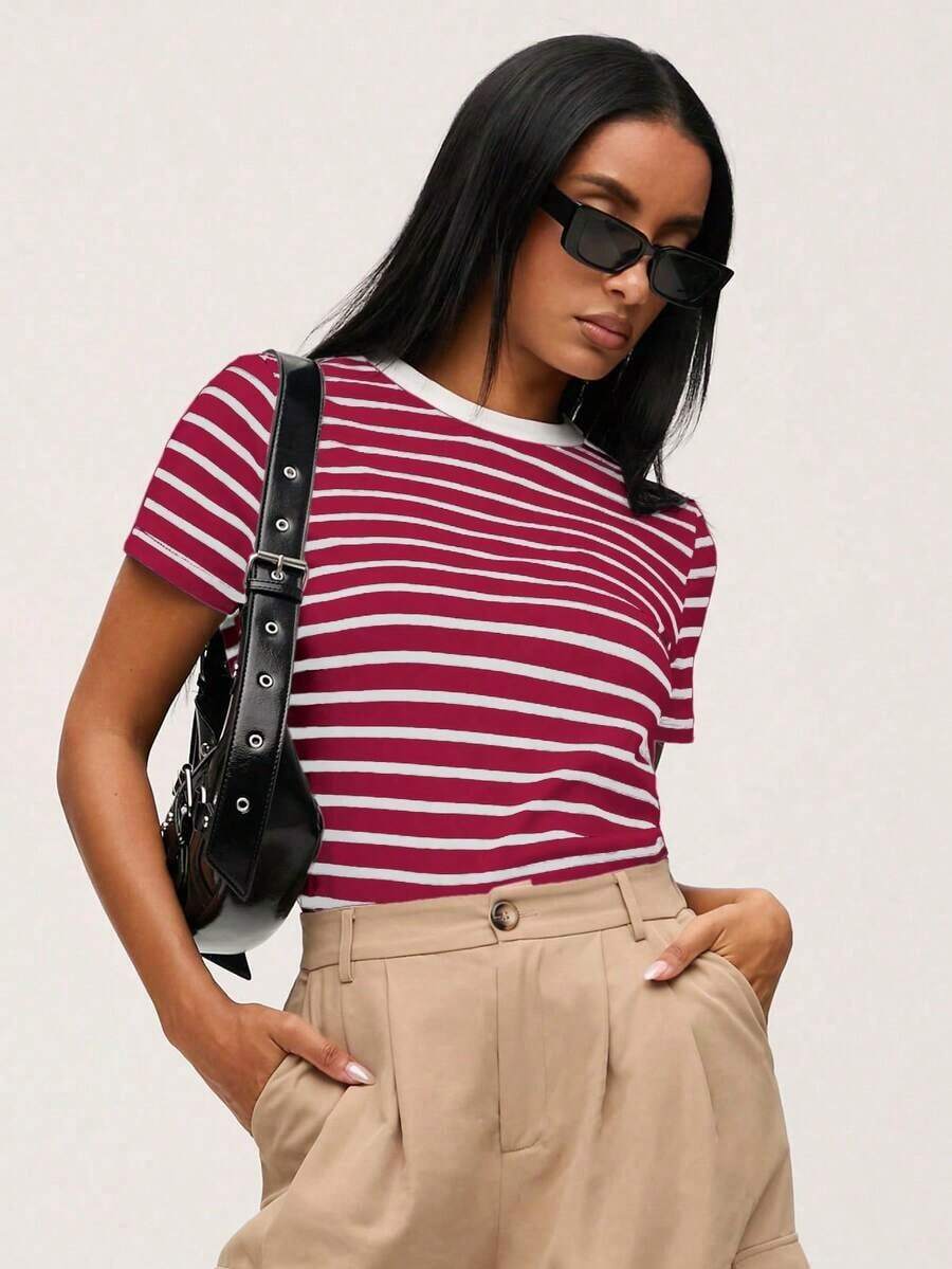 SHEINBASICSS Striped Print T-Shirt/Summer - 酒紅色 - 查看 1