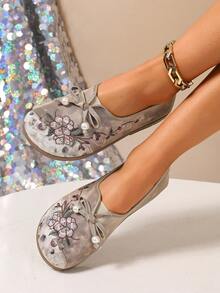 女士刺绣珍珠蝴蝶结休闲运动鞋，舒适日常通勤鞋，中国风，春秋季 - 咖啡棕 - 查看 6