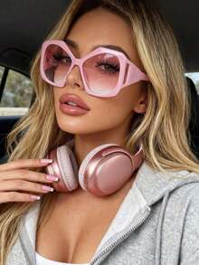 1pc Big Frame Round Black Frame Red Lens Fashion Fashion Glasses, Suitable Daily And Vacation Use Y2KFest MusicFest Summer Beach Vacation,Outdoor,Travel - 漸層粉紅色 - 查看 7
