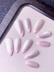 10片手工美甲貼片 短款假指甲 法式尖頭杏仁形可愛Y2K風美甲貼 紅色、粉色、白色貓眼美甲貼附手繪紅色法式指尖 低調優雅風格 適合女士與女孩活動及日常使用 附美甲工具 手工穿戴甲 - 粉色 - 查看 4