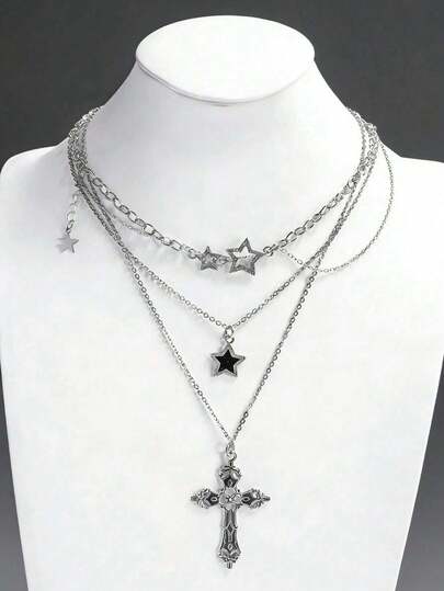 3pcs Vintage Gothic Punk Style Rhinestone Star, Meteor, Cross Necklace Set, Y2K Jewelry For Women
