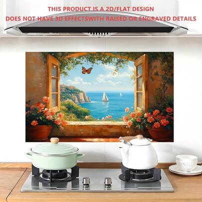 1pc Flat Self-Adhesive Wall Sticker, Removable Cabinet Decal Suitable For Kitchen And Home Decor, Red Brick Window Outdoor Seascape Wall Sticker