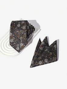 Bộ cà vạt họa tiết hoa màu xanh cổ điển 7cm, khăn cài túi kiểu retro, điểm nhấn của phong cách vintage, phù hợp cho tiệc chiêu đãi, đám cưới, trang phục công sở trang trọng. - màu nâu - Xem 4