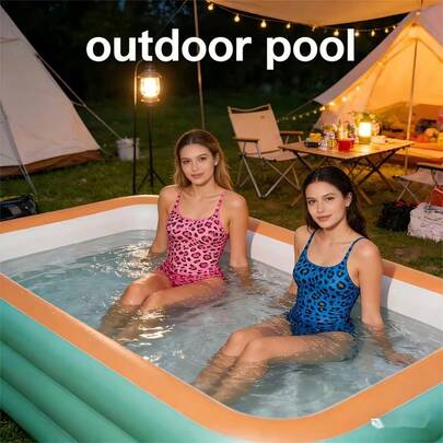 1个可折叠充气游泳池 - 室内/室外便携式使用，无需电源，可容纳1-3/4人，双层设计，色彩鲜艳（海蓝色/绿色/橙色），适合假期、派对、音乐节等场合，可作为充气游泳池漂浮垫使用，室内外均可使用。