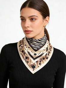1pc 65*65cm Square Scarf, Women's Satin Silk Imitation Zebra & Leopard Print, Versatile Neckerchief Headband Shawl - Multicolor - View 3