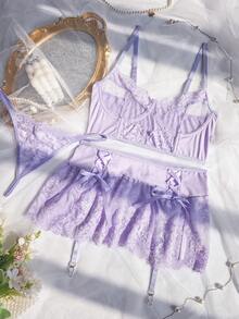 Bộ đồ lót ren màu tím oải hương 3 món dành cho nữ - Màu tím hoa cà - Xem 10