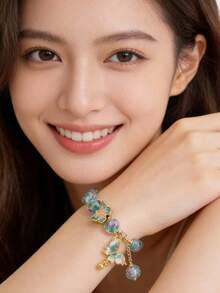 1pc Princess Style Elegant Rose Blue & Pink Alloy Enamel Bracelet With Butterfly Pendant, Suitable For Women's Daily Wear - Baby Blue - View 12