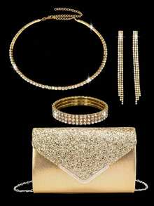 4件套女士时尚百搭优雅亮片手拿包、链条单肩包、派对包、奢华水晶项链、耳环、手链首饰套装 - 金色 - 查看 7