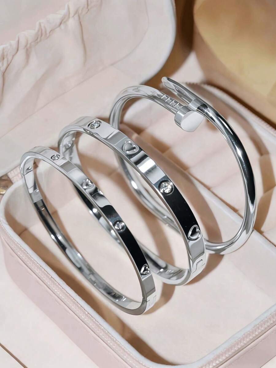 Bộ 3 vòng tay hình trái tim bằng thép không gỉ, đính đá Cubic Zirconia, trang sức thời trang phù hợp cho nữ giới đeo hàng ngày và làm quà tặng. - Bạc 1 - Xem 1