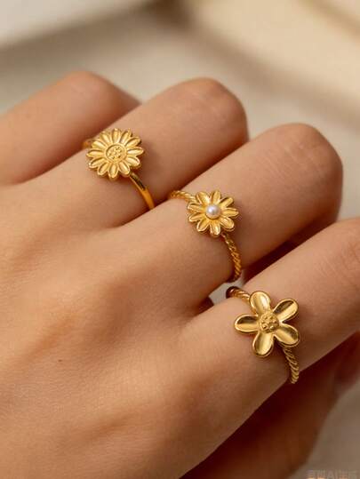 Anillos de flor de perla pequeños y elegantes para mujeres, de acero inoxidable chapado en oro, ajustables y abiertos, con diseño floral, en estilo europeo y americano, perfectos para uso diario, fiestas y cumpleaños