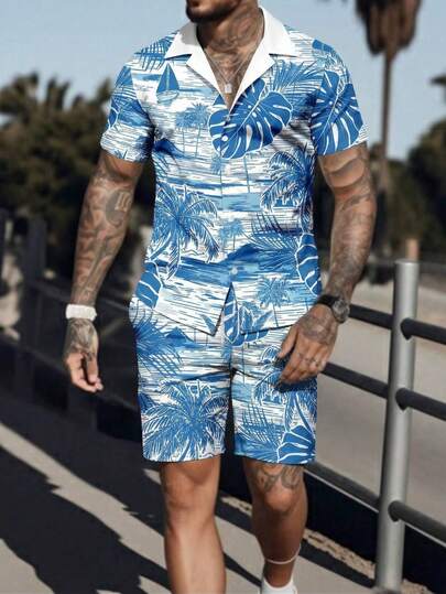 Men's Island Scenery Print Short Sleeve Shirt And Casual Shorts Set