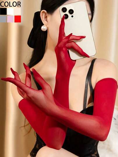 1双性感薄款透明弹力紧身丝袜手套，女士夜店婚礼舞会防晒夏季礼仪手套，适合夏季防晒、旅行、音乐节、万圣节派对、角色扮演等场合。