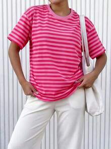 LOVE JOYY 女士圆领短袖宽松T恤，休闲舒适，粉色条纹图案，适合春夏休闲外出、街头风购物，玫瑰红上衣 - 玫紅色 - 查看 6