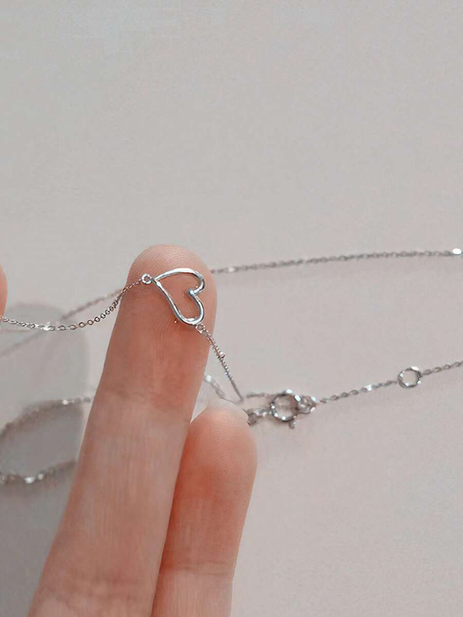 1pc S925 Sterling Silver Romantic Hollow Heart Necklace, Minimalist Chic Personalized Sweet Cute Heart Pendant Choker Necklace, Women's Daily/Date/Engagement/Wedding/Valentine's Gift Jewelry