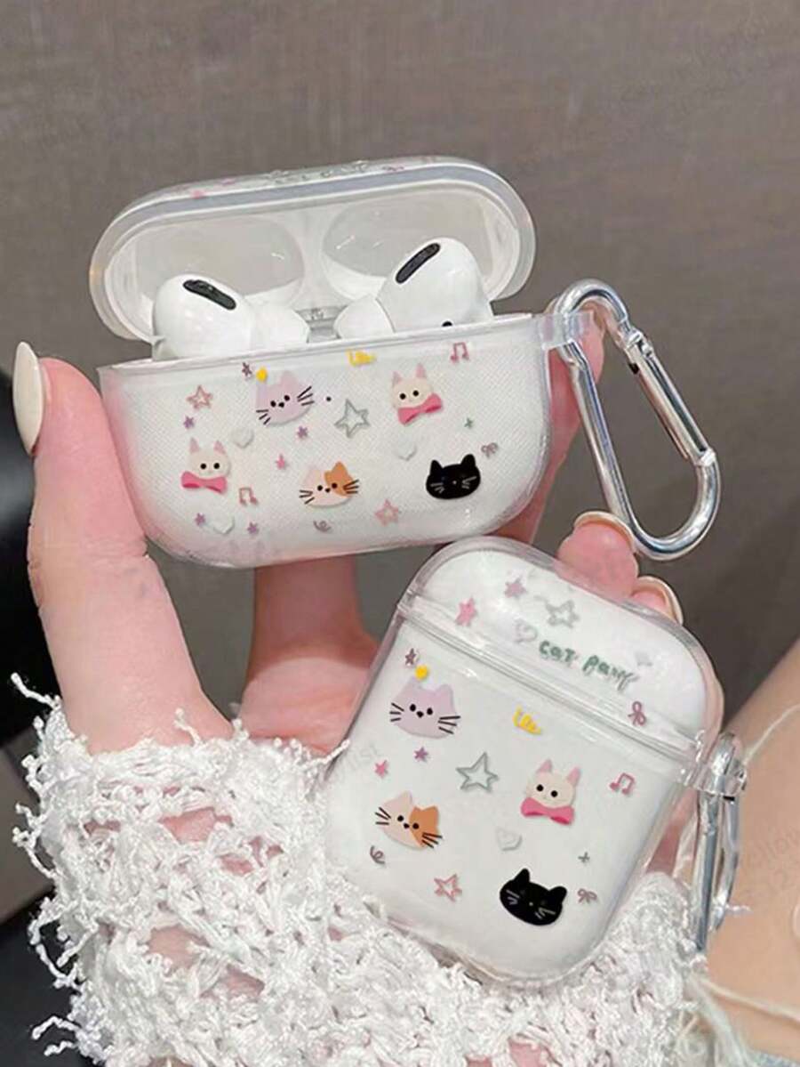 1pc Pink Transparent Cat Shaped Earphone Case, Cute & Minimalist - Pink - View 1