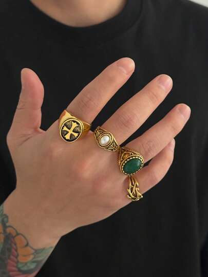 Set de 4 anillos vintage con cruz, incrustados con perlas y gemas verdes para hombres, estilo hip hop