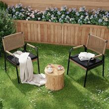 Conjunto de 2 Sillas de Mimbre para Patio con Cojines, Sillones de Ratán para Exteriores, Estructura de Metal para Todo Tipo de Clima, Cómodos Asientos para Jardín, Césped, Terraza, Porche, Balcón - 4 piezas - Negro - Ver 6
