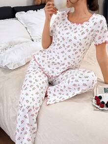 Dreamivo Bộ đồ ngủ nữ dễ thương họa tiết hoa nhí tay dài và quần dài, kiểu dáng lãng mạn với họa tiết hoa/nơ. - trắng - Xem 3