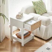 Rattan Side Table With Drawer, Modern Bedside Table, Side Table For Living Room, Bedroom, White - H55/W40/D40 Cm - White - View 4