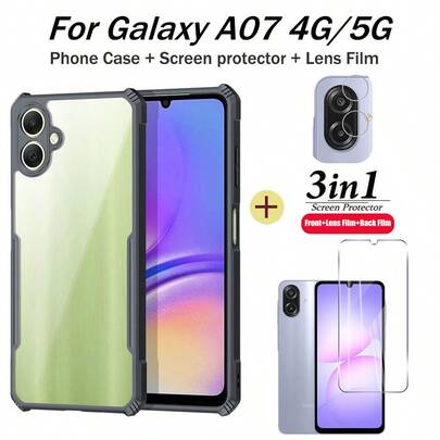 适用于三星 Galaxy A07 的三合一手机壳，采用高强度透明亚克力材质，防震耐用，包含三星 Galaxy A07 钢化玻璃屏幕保护膜和镜头保护膜。