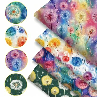 4pcs/Set 19.68x17.7inch/7.87x7.87inch Dandelion Series Precut Quilting Fabric Fat Quarter Fabric Bundle, Polyester Quilting Squares For Patchwork, DIY Crafts Projects, DIY Wallet Making