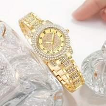 两件套时尚百搭的闪亮女士石英表，圆形表盘搭配合金钢表带，另配镶钻蝴蝶结手链，适合送礼、节日及日常佩戴。 - 金色 - 查看 7