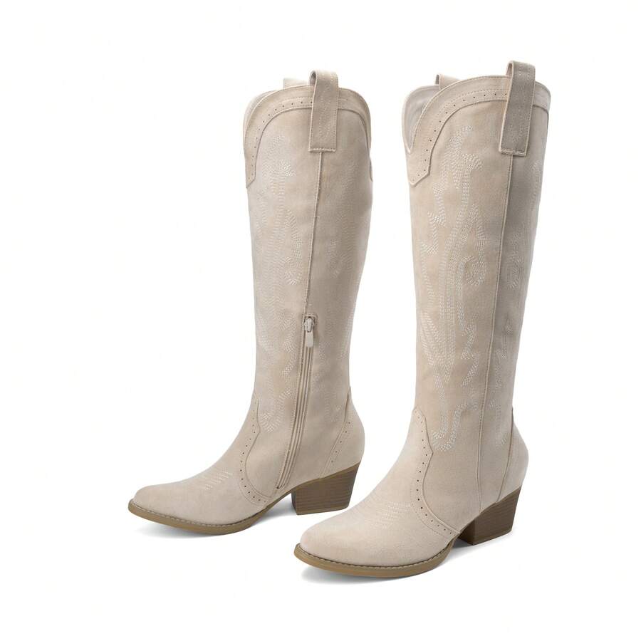 Womens Vintage Embroidered Western Boots Cowboy Knee High Boots Comfortable Pull On Side Zipper Chunky Heel Cowgirl  Retro Tall Boots - Màu be - Xem 1