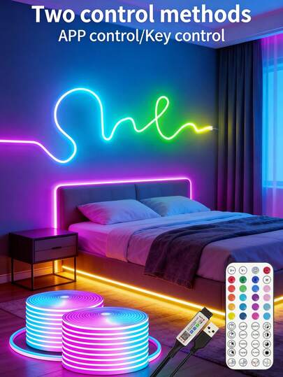 65.6ft/100ft Smart LED Strip Light With APP & 44-Key Remote (Battery-Free), RGB Color Changing, Adjustable Brightness & Color Gradient, Music Sync, USB Powered, Suitable For Bedroom, Festive Celebrations, Parties, Home Decoration, Holiday Lighting, Creating Stunning Light Shows,Home Decor Party Holiday Lighting Living Room Bedroom TV Background Ambiance Lamp