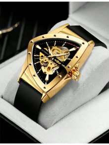1pc Men's Gold Hollow Automatic Mechanical Watch, Luminous Pointer, Leather Strap, Fashion Business Gift Watch - Gold - View 2