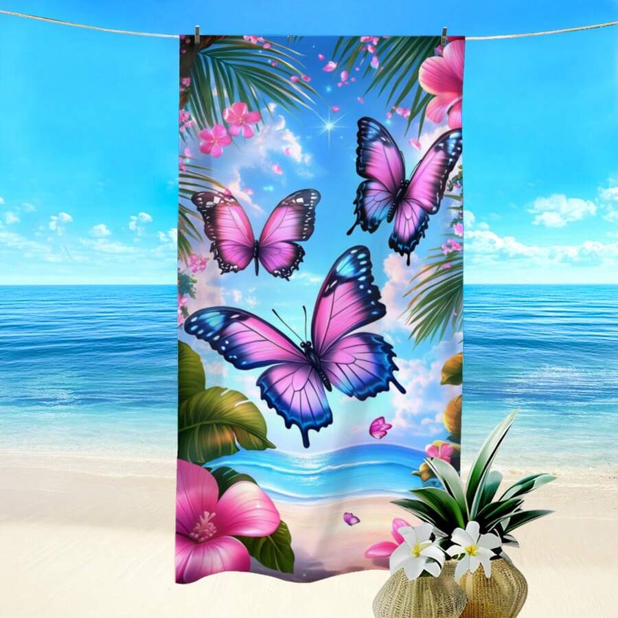 1pc Butterfly & Flower Landscape Printed Beach Towel, Super Absorbent Quick Dry Towel For Swimming, Soft & Lightweight Beach Blanket, Ideal For Beach, Swimming, Outdoor, Travel - A - View 1