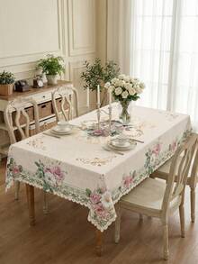 1件粉色玫瑰桌布，复古花卉图案，涤纶面料，圆形/方形/长方形可选，蕾丝花边，防污可水洗，家居装饰，婚礼，母亲节，父亲节，节日庆典，厨房餐桌，四季皆宜 - 彩色 - 查看 7