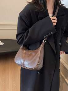 女款素色 PU 肩背包，防水腋下新月形包，絎縫設計，極簡大容量商務通勤包，適合旅行、購物、辦公室通勤，女包，棕色包 - 咖啡棕 - 查看 3
