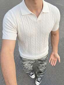 ALTZTAR Men's Cable Cable Short Sleeve Ribbed Casual Knit Seagull Collar Top - White - View 1
