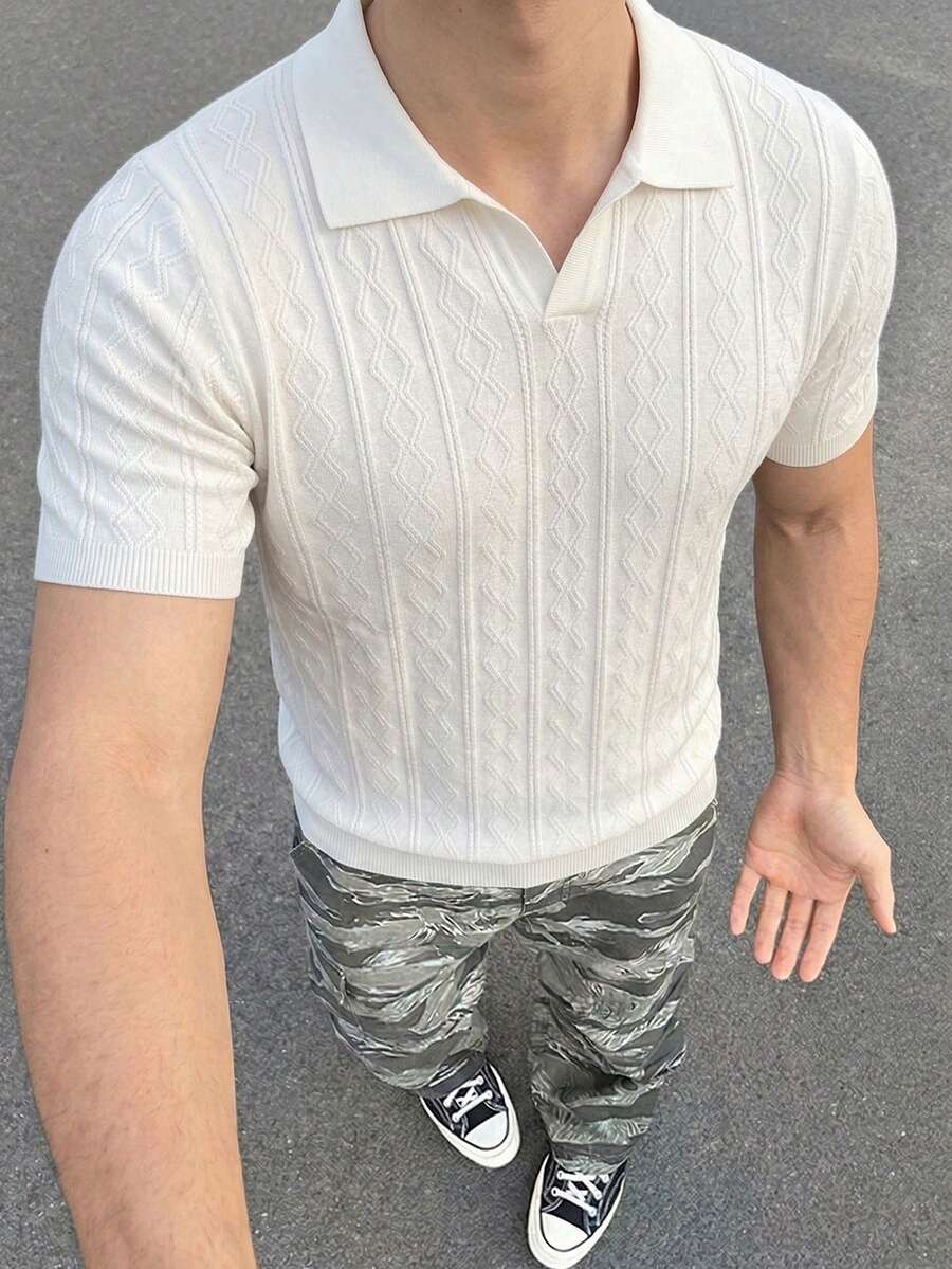 ALTZTAR Men's Cable Cable Short Sleeve Ribbed Casual Knit Seagull Collar Top - White - View 1