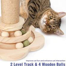 Cat Scratching Post, Indoor Cat Interactive Furniture Toy, 4-In-1 Wooden Cat Scratching Toy, 15.7" High Scratching Post With 2 Horizontal Cat Ball Tracks, Interactive Feather Toy And 2 Sisal Suspension Balls, Kitten Activity Center For Indoor Kittens And Adult Cats - Màu gỗ - Xem 6