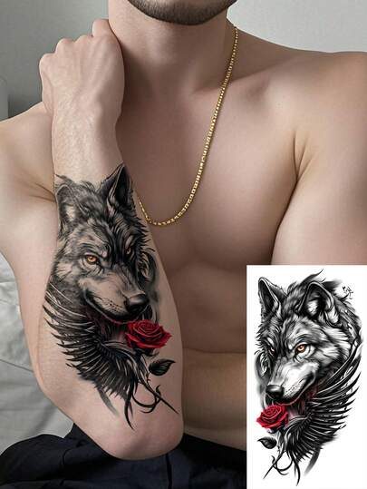 1 Sheets Big Size Body Art Temporary Tattoo Stickers For Men , Black Realistic Animal Style Wolf Black Feather Wings Rose Flower Pattern, Waterproof Fake Tattoo, Lasts 2-5 Days, Covering Scars, Can Be Used On Arms Wrist Shoulders Legs Waist Neck Hand Chest Thighs Fingers, Suitable For Body Dressing, Vacation, Gift, Party, Music Festival