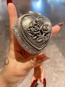 1pc Mini Jewelry Box, Exquisite Sparkling Artificial Diamond Makeup Pad Ring Bracelet Earring Storage Box, Delicate & Compact, Ideal Gift Choice - Silver - View 3