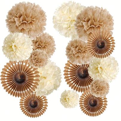 16pcs Retro Beige Paper Fans & Flowers Decor | Boho Wedding/Birthday/Anniversary Party Decoration | No Electricity Needed, Easy Hanging | Tabletop Centerpiece/Wall Art, Adds Texture