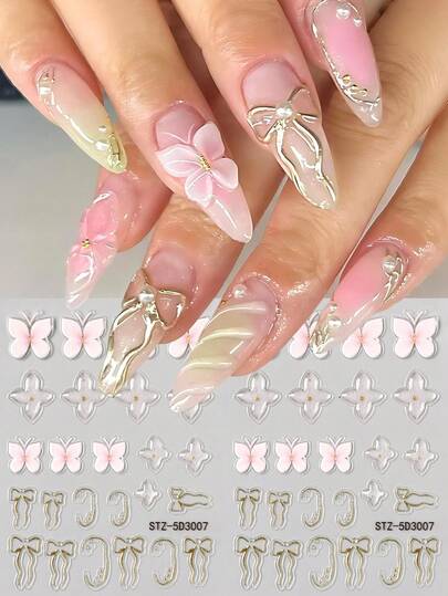 2pcs Pink Butterfly Floral Nail Stickers 5D Embossed Jelly Flower Golden Bow Line Modeling Nail Art Decals Spring Summer Nail Supplies DIY Wedding Holiday Nail Charms Decorations