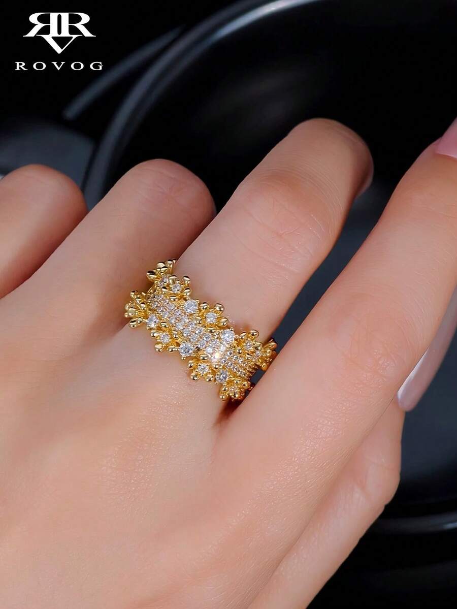 1pc Luxury Elegant Starry Sky Zirconia Inlaid Adjustable Copper Ring, Suitable For Banquet, Holiday Gift, Party - Yellow Gold - View 1