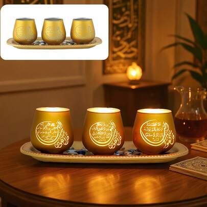3 piezas Portavelas islámicos - Portavelas de vidrio Eid Mubarak, textos de bendición festiva, soportes decorativos de velas para Ramadán - Con piedras decorativas, reunión del festival islámico de Ramadán, juego de portavelas de té de vidrio, decoración de primavera árabe Eid [Velas no incluidas]