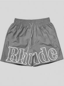 Vibrant Solid-Color Branded Shorts With Bold Letter Print & Zipper Details - 灰色 - 查看 1