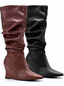 Women's Slouchy Ankle Boot With High Wedge Heel, Pointed Toe, And Wrinkled Detail - Lumiss - 鏽棕色 - 查看 8