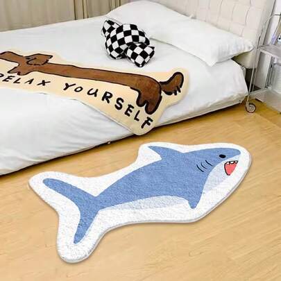 1pc Cartoon Shark Bath Mat, Asymmetrical Shape, Blue & White Cartoon Design, Suitable For Bathroom, Bedroom, Living Room, Hallway, Foyer Decor, Anime Lover's Must-Have Carpet, Great Birthday Gift Carpet, Perfect Holiday Home Decor Carpet