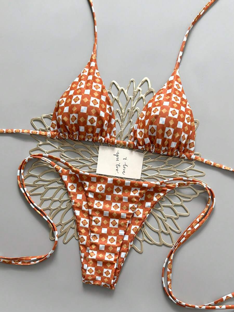 2025年欧美女士几何图案比基尼两件套度假沙滩夏季 - 亮橙色 - 查看 1