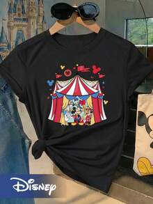 Disney Circus Tent Printed T-Shirt Featuring Characters Like Mickey And Minnie. This Casual And Versatile Top Showcases A Tent Design With Star Decorations, Perfect For Family Gatherings And Themed Park Outings - màu đen - Xem 1