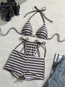 Lucky Girl Bộ bikini 3 món nữ mùa hè, quần short dây quai mảnh họa tiết kẻ sọc, thắt dây hai bên eo, đi biển nghỉ dưỡng - Trắng nâu - Xem 2